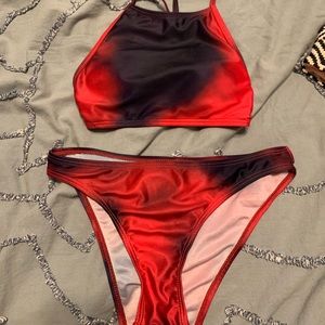 pink and navy blue halter top bathing suit